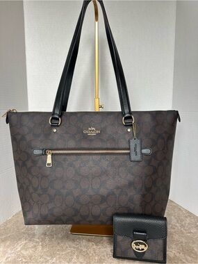 Coach Gallery Tote and Wallet Signature Canvas Dark Brown Black Gold Monogram